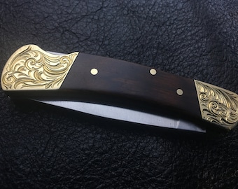 Custom Hand Engraved Bright-Cut Scroll Design Folding Knife