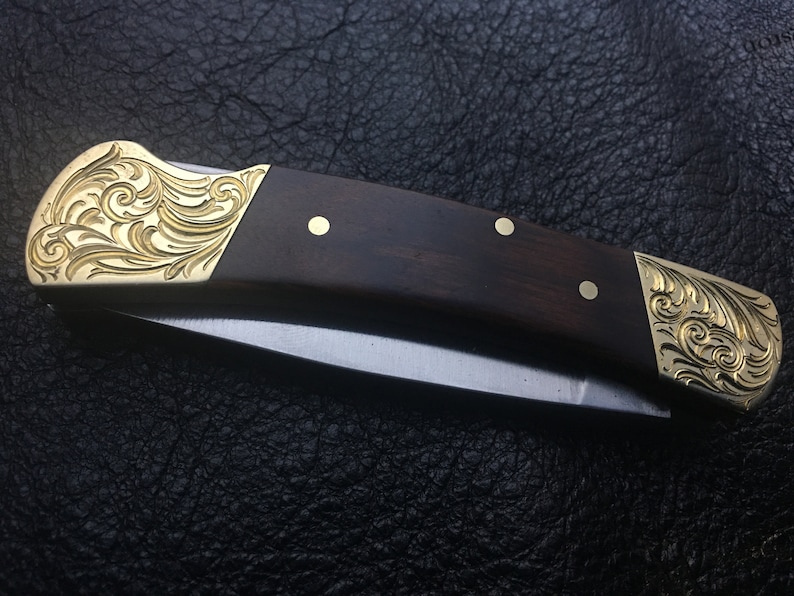 Custom Hand Engraved Brightcut Scroll Design Folding Knife Etsy