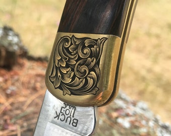 Custom Hand-Engraved Inked Flowing Scroll Buck 110 Folding Knife (With Personalization Option)