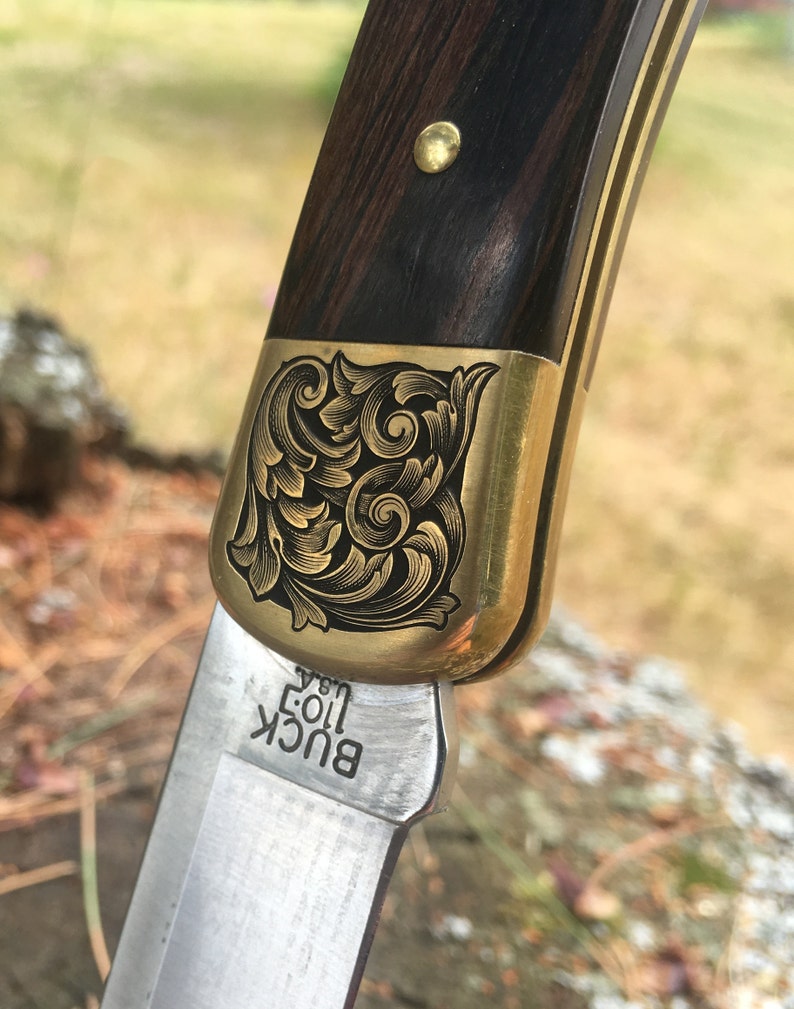 Custom Hand-Engraved Inked Flowing Scroll Buck 110 Folding Knife With Personalization Option image 1