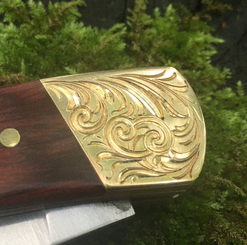 Custom Hand Engraved Brightcut Scroll Design Folding Knife Etsy