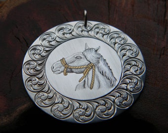 Hand-Engraved Sterling Silver Horse Pendant with Gold Inlay Rope Bridle