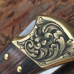 Custom Hand-Engraved Inked Flowing Scroll Buck 110 Folding Knife With Personalization Option image 5