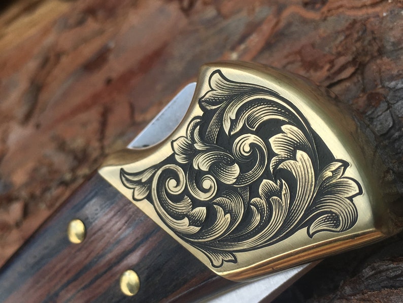 Custom Hand-Engraved Inked Flowing Scroll Buck 110 Folding Knife With Personalization Option image 5