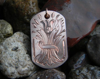 Hand Engraved Bright Cut Flower Bouquet Design Dogtag Style Copper Pendant