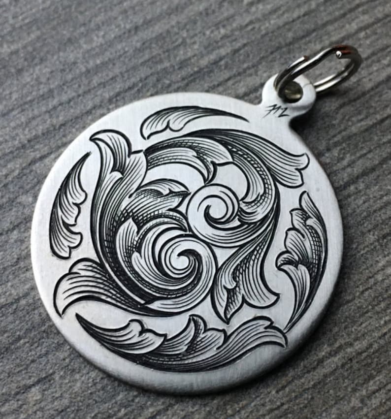 Hand Engraved Swirling Scroll Design Nickel Silver Pendant Etsy