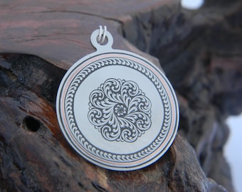 Hand Engraved English Scroll Design Steel and Copper Nickle Silver Pendant