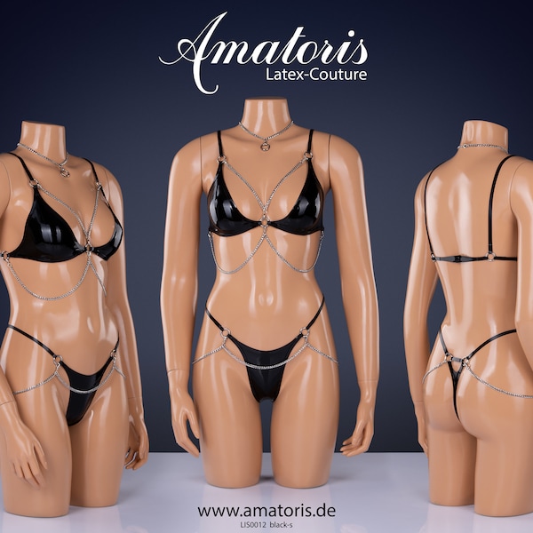 Latex-Lingerie-Set LIS0012, Schwarzer Latex-BH, Latex-String, Latex-Halsband, Ringe, Dessous, Unterwäsche, Top, Choker, Ketten, Kein Leder