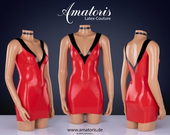 Amatoris Latex-Couture Latex-Dress KL0084, V-Neck, Mini Dress, Cocktail, Gown, Party, Choker, Red Dress, No Leather, No PVC, Rhinestone