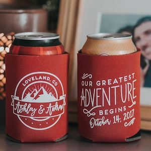 Custom Mountain Wedding Can Cooler Beer Cozy Favor