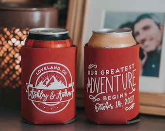 Custom Mountain Wedding Can Cooler Beer Cozy Favor