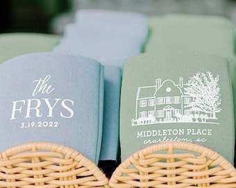 Venue Illustration Can Cooler Beer Cozy Wedding Favor