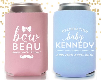 Bow or Beau Gender Reveal Baby Shower Custom Can Cooler Beer Cozy