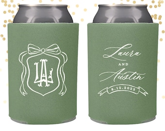 Monogram Bow Crest Wedding Can Cooler Beer Cozy Favor for Bags or Welcome Party