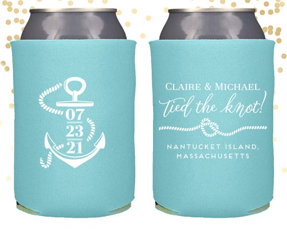 Tied the Knot Nautical Wedding Can Cooler Beer Cozy Favor