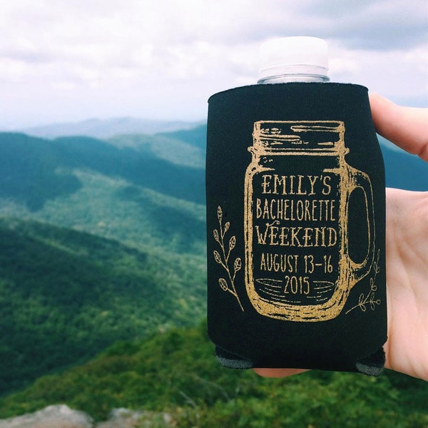 Custom Rustic Mountain Bachelorette or Wedding Beer Can Coolers