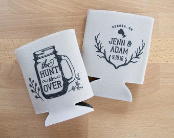 The Hunt is Over Rustic Wedding Can Cooler Beer Cozy