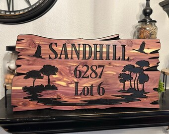 Custom Carved Wood Cabin Sign: Sandhill Cranes, Cypress Trees 108