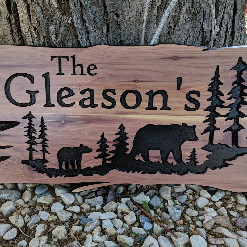 Custom Wood Signs Personalized Engraved Welcome Sign Outdoor Signs Camp Signs Bears Pine Trees Family Name