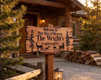 Custom Outdoor Wooden Sign, Personalized Cabin Decor, Carved Wooden Sign Deer Trees Family Name Address Established Date FREE SHIPPING 113