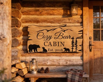 Rustic Cabin Wood Sign: Personalized Bears and Pine Trees Custom Text