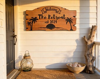 Outdoor Wood Sign - Personalized Family Name with Sunset Palm Trees