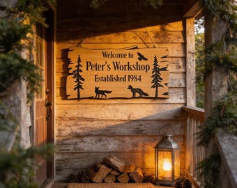 Personalized Wood Cabin Sign: Foxes and Trees, Custom Family Name