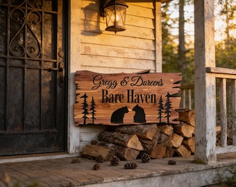 Custom Wood Sign Personalized Engraved Welcome Outdoor Signs Camp Signs Address House Numbers Bears Pine Trees Family Name Carved  101
