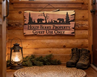 Wood Welcome Sign Personalized Rustic Cabin Style with Bears and Trees - Outdoor Ready