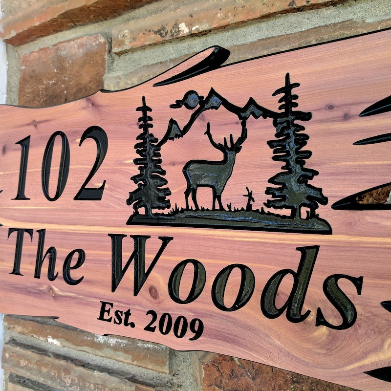 Carved Wood Signs, Personalized Wood Sign, Custom Wood Signs,   Engraved Wood Sign, Address Housewarming/Elk Pine Trees/Welcome Sign