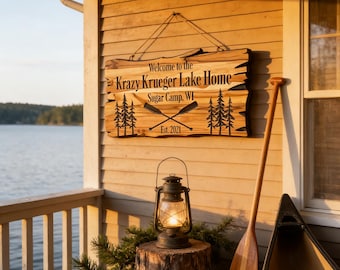 Custom Carved Wood Cabin Sign: Personalized Family Name, Trees & Oars