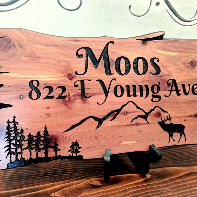 Carved Wood Signs Personalized Wood Sign Custom Wood Signs Engraved Wood Sign Address Housewarming Elk Pine Trees Welcome Sign