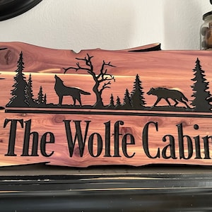 Letrero de madera al aire libre personalizado Cabina personalizada Campamento Lobos Letrero de bienvenida Dirección de pared de madera Árboles de lobo Apellido ENVÍO GRATIS Letreros de madera 203