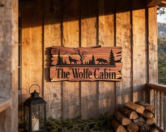 Wooden Cabin Welcome Sign: Rustic Wolves and Trees Personalized with Family Name
