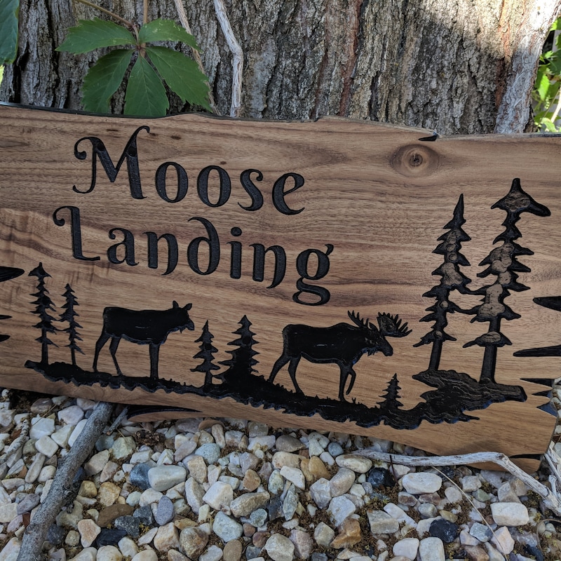 Custom Outdoor Wood Signs Personalized Farmhouse Decor Welcome Sign Wood Wall Art Address Mountains Moose Pine Trees Family Name Cabin