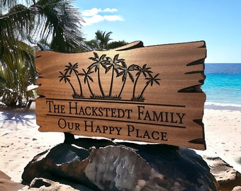 Personalized Palm Tree Wood Sign: Engraved Family Name & Date 210