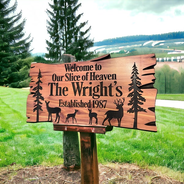 Custom Outdoor Wooden Sign, Personalized Cabin Decor, Carved Wooden Sign Deer Trees Family Name Address Established Date FREE SHIPPING 113