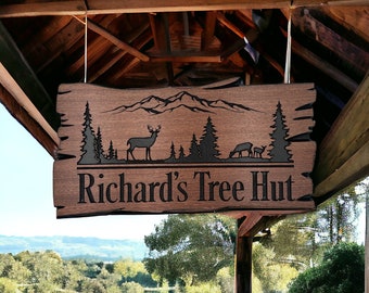Custom Carved Wooden Cabin Sign: Deer, Trees, Family Name 209