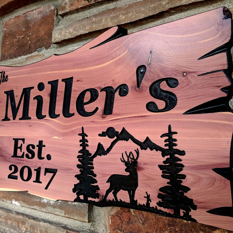 Custom Wood Sign, Family Name Sign, Rustic Home Decor Welcome Sign, Farmhouse Sign, Outdoor Wood Signs, Mountains Deer Pine Trees Farmhouse