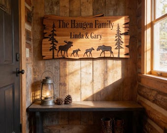 Personalized Wood Cabin Sign: Carved Moose Family Name, Custom Address