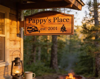 Custom Camping Wood Sign - Family Name with Vintage Camper and Campfire Design