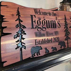 Custom Outdoor Wood Sign Personalized Cabin Camp Decor Welcome Sign Wood Wall Address Bears Trees Family Name FREE SHIPPING Wooden Signs 103