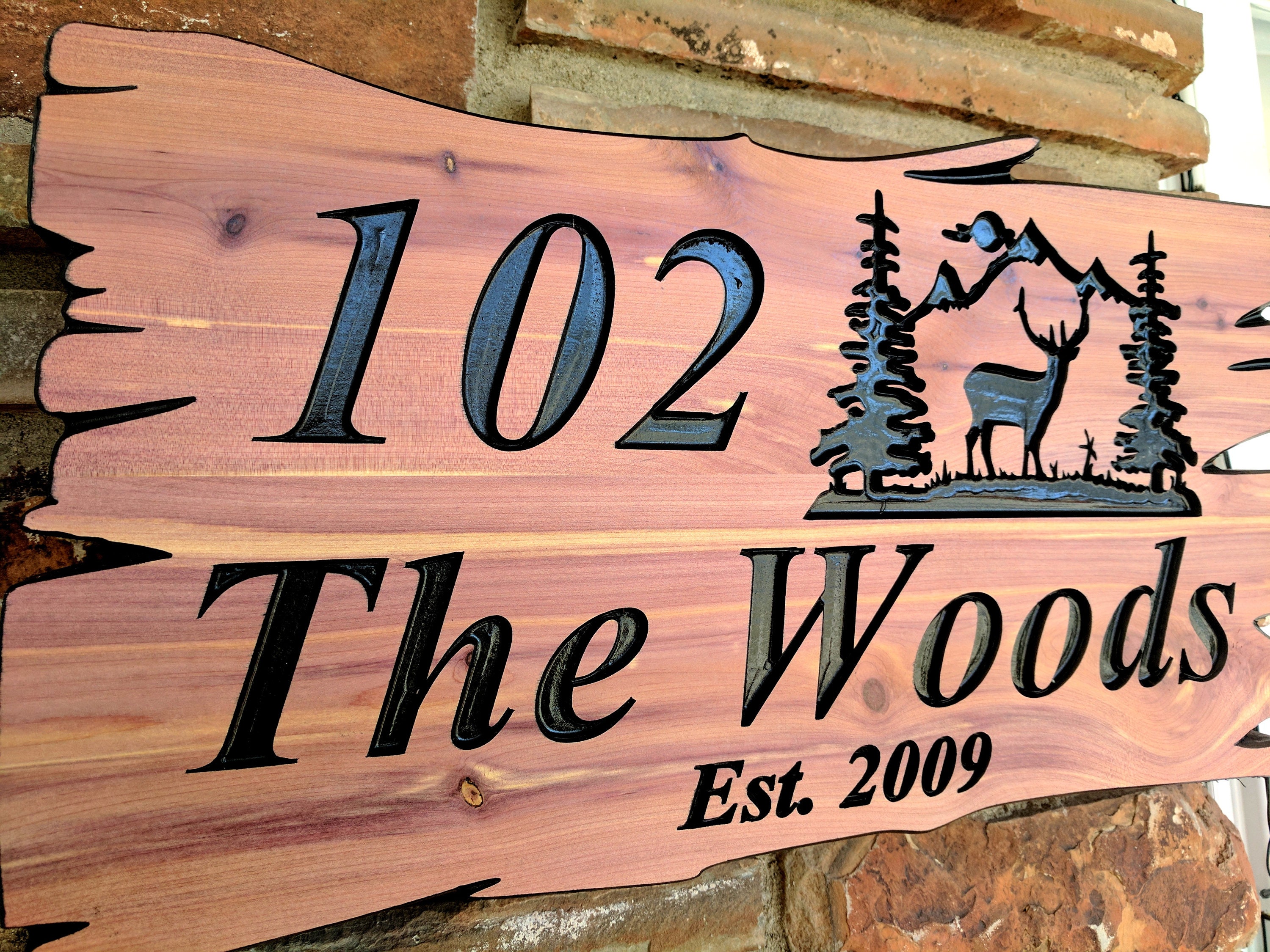 Carved Wood Signs, Personalized Wood Sign, Custom Wood Signs,   Engraved Wood Sign, Address Housewarming/Elk Pine Trees/Welcome Sign