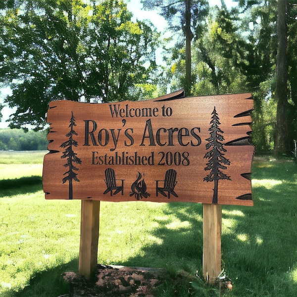 Custom Outdoor Wooden Sign, Personalized Cabin Decor Carved Wood Sign Camp Fire Trees Family Name Address Established Date FREE SHIPPING 115