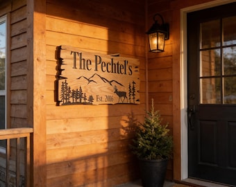 Personalized Outdoor Wood Sign: Rustic Farmhouse Style with Deer and Pine Trees 104