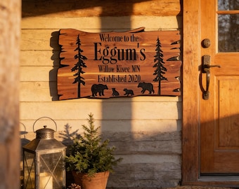 Wood Sign Personalized Cabin Camp Decor Custom Outdoor Durable with Bears Trees Family Name