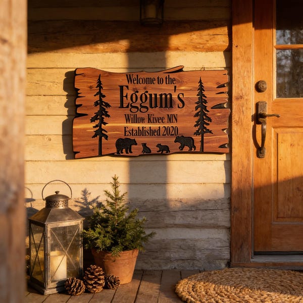 Wood Sign Personalized Cabin Camp Decor Custom Outdoor Durable with Bears Trees Family Name