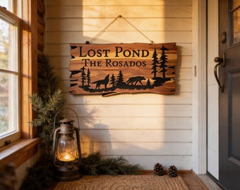 Custom Engraved Wood Sign: Wolf Family, Pine Trees, Personalized Welcome