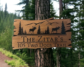 Custom Outdoor Wooden Sign, Personalized Cabin Decor, Carved Wood Sign Moose Trees Mountains Name Address Established Date FREE SHIPPING 208