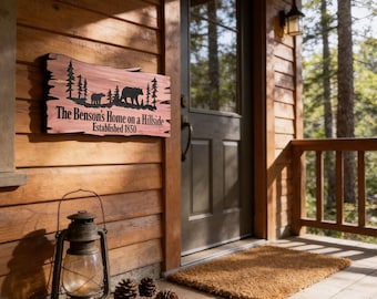 Rustic Wood Welcome Sign: Custom Engraved with Bears and Pine Trees